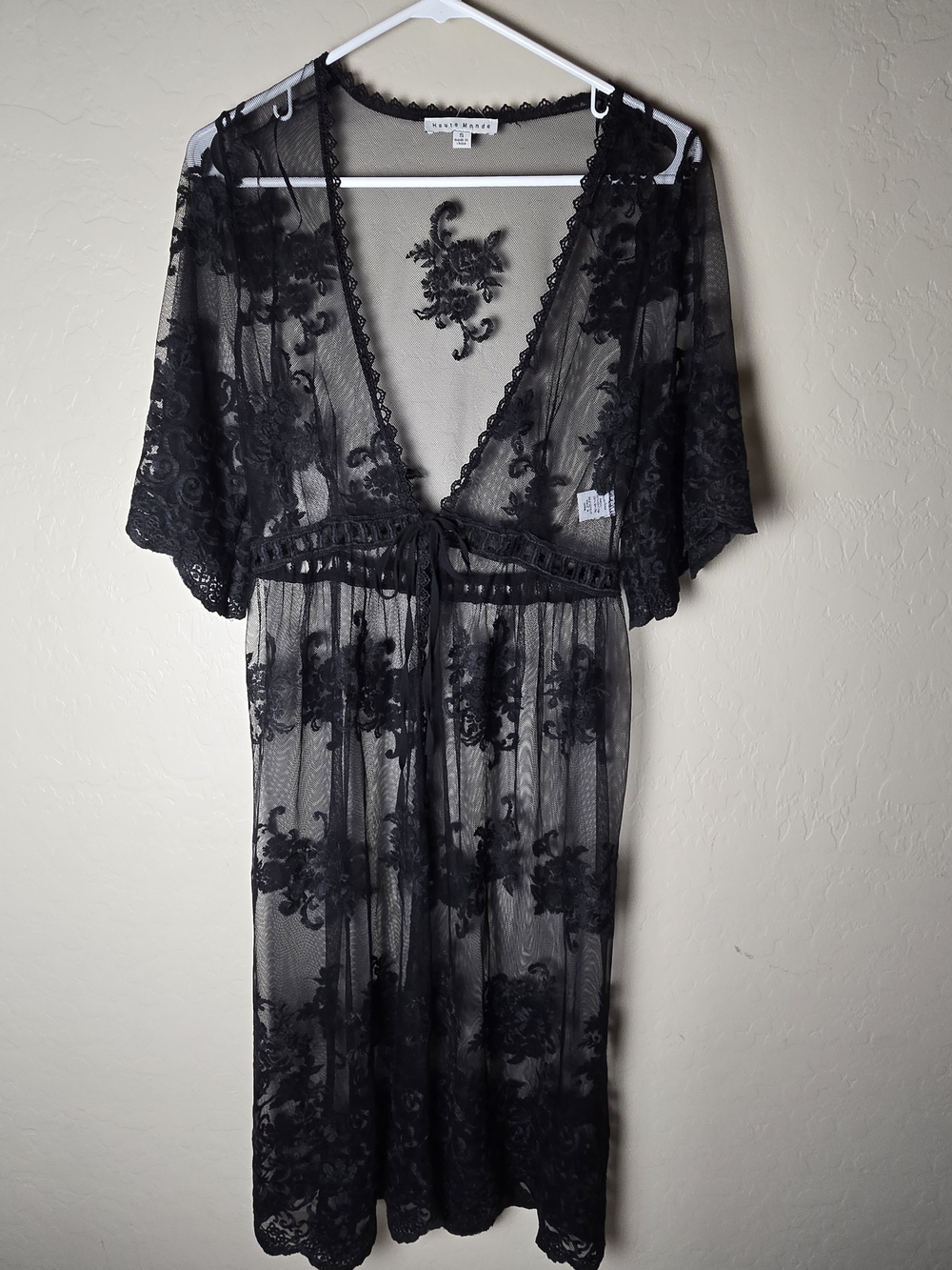 Haute Monde Black Sheer Lace  Kimono Robe Tie Waist Romantic Boho